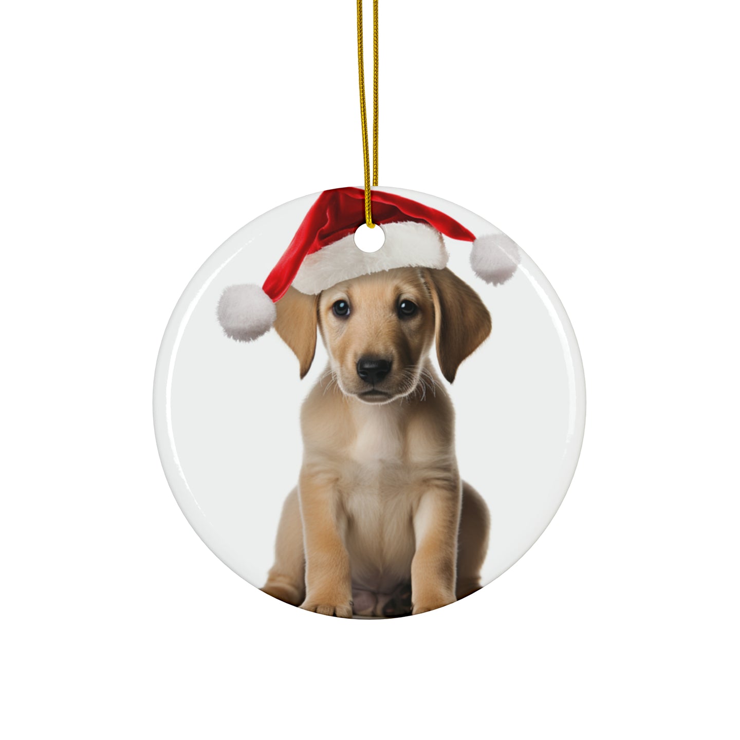 DistinctInk Hanging Ceramic Christmas Tree Ornament with Gold String - Great Gift/Present - 2 3/4 inch Diameter - Sloughi Puppy Design