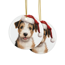 DistinctInk Hanging Ceramic Christmas Tree Ornament with Gold String - Great Gift/Present - 2 3/4 inch Diameter - Wire Fox Terrier Puppy Drawing Design
