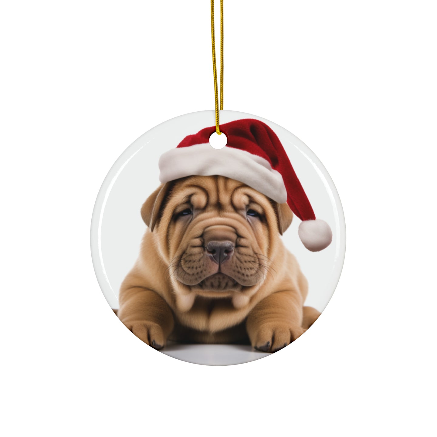 DistinctInk Hanging Ceramic Christmas Tree Ornament with Gold String - Great Gift/Present - 2 3/4 inch Diameter - Chinese Shar-Pei Puppy Design