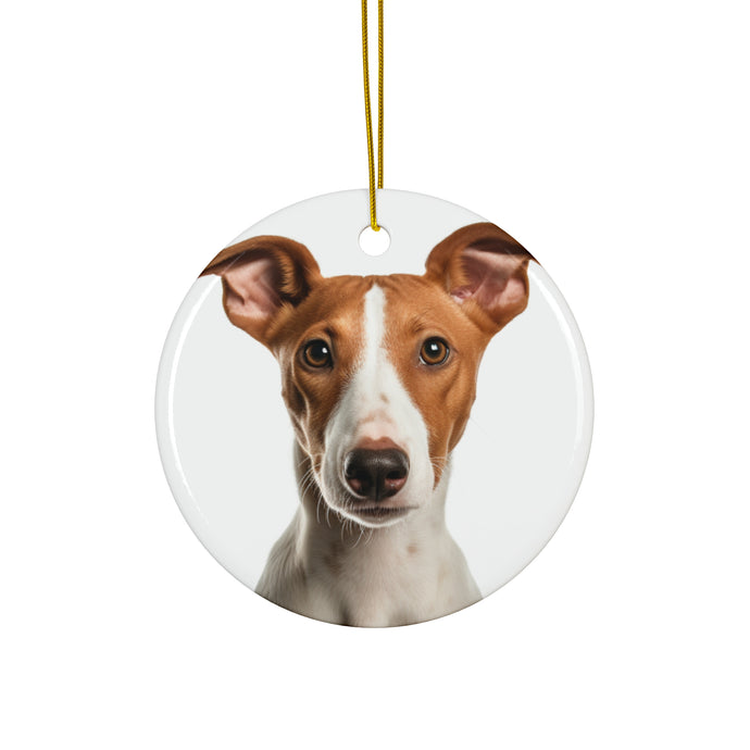 DistinctInk Hanging Ceramic Christmas Tree Ornament with Gold String - Great Gift/Present - 2 3/4 inch Diameter - Ibizan Hound Puppy Design