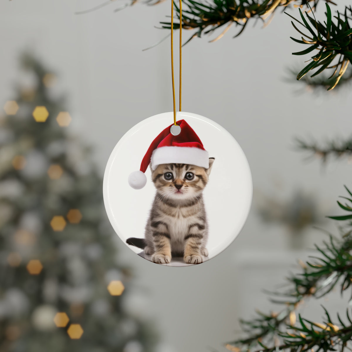 Hanging Ceramic Christmas Tree Ornament with Gold String - American Shorthair Kitten Design, view 3