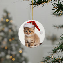 DistinctInk Hanging Ceramic Christmas Tree Ornament with Gold String - Great Gift/Present - 2 3/4 inch Diameter - Serengeti Kitten Design