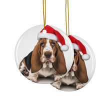 DistinctInk Hanging Ceramic Christmas Tree Ornament with Gold String - Great Gift/Present - 2 3/4 inch Diameter - Basset Hound Puppy Design