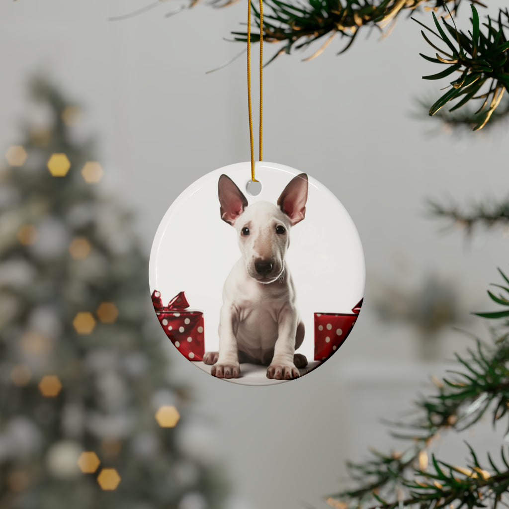 Hanging Ceramic Christmas Tree Ornament with Gold String - Miniature Bull Terrier Puppy Design, view 3