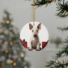 DistinctInk Hanging Ceramic Christmas Tree Ornament with Gold String - Great Gift/Present - 2 3/4 inch Diameter - Miniature Bull Terrier Puppy Design
