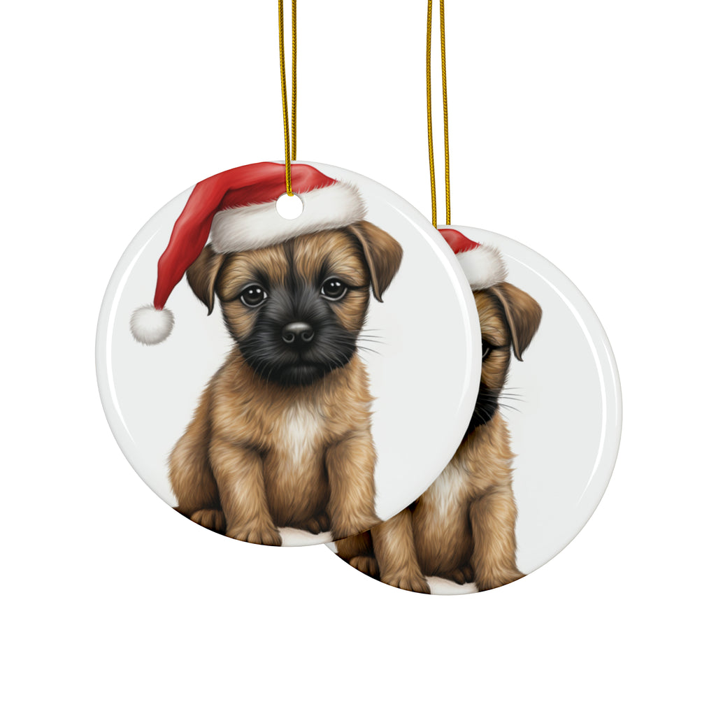 Hanging Ceramic Christmas Tree Ornament with Gold String - Border Terrier Puppy Drawing Design, view 2