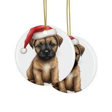 DistinctInk Hanging Ceramic Christmas Tree Ornament with Gold String - Great Gift/Present - 2 3/4 inch Diameter - Border Terrier Puppy Drawing Design