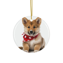 DistinctInk Hanging Ceramic Christmas Tree Ornament with Gold String - Great Gift/Present - 2 3/4 inch Diameter - Icelandic Sheepdog Puppy Design