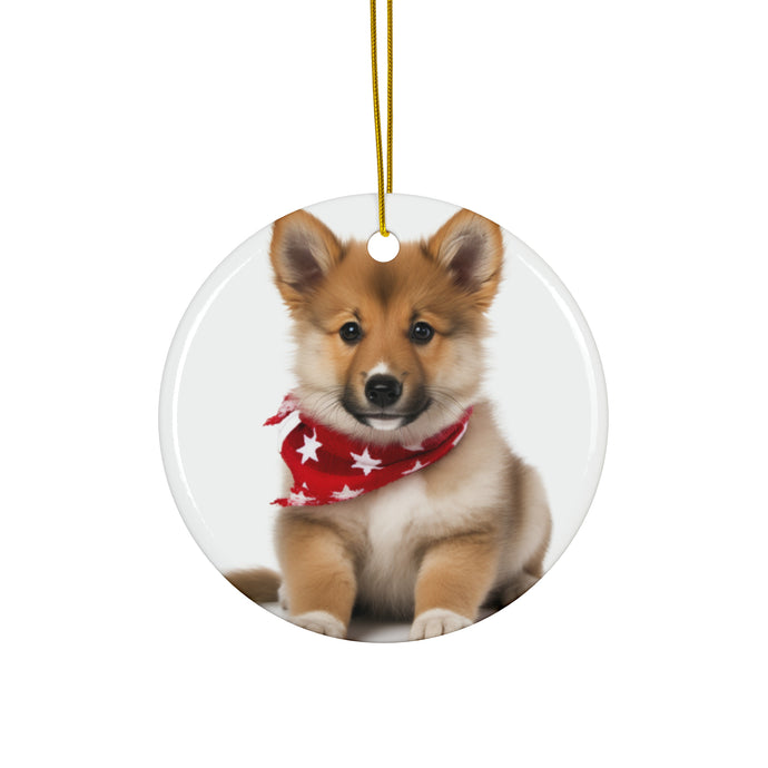 DistinctInk Hanging Ceramic Christmas Tree Ornament with Gold String - Great Gift/Present - 2 3/4 inch Diameter - Icelandic Sheepdog Puppy Design