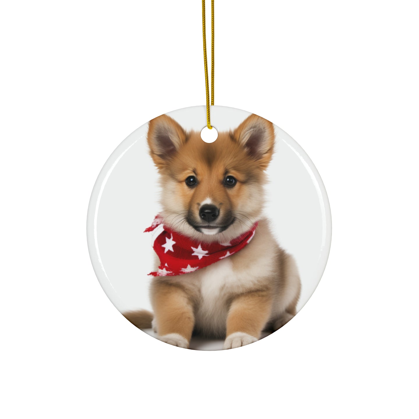 DistinctInk Hanging Ceramic Christmas Tree Ornament with Gold String - Great Gift/Present - 2 3/4 inch Diameter - Icelandic Sheepdog Puppy Design