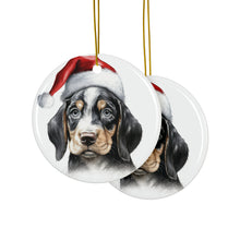 DistinctInk Hanging Ceramic Christmas Tree Ornament with Gold String - Great Gift/Present - 2 3/4 inch Diameter - Bluetick Coonhound Puppy Drawing Design