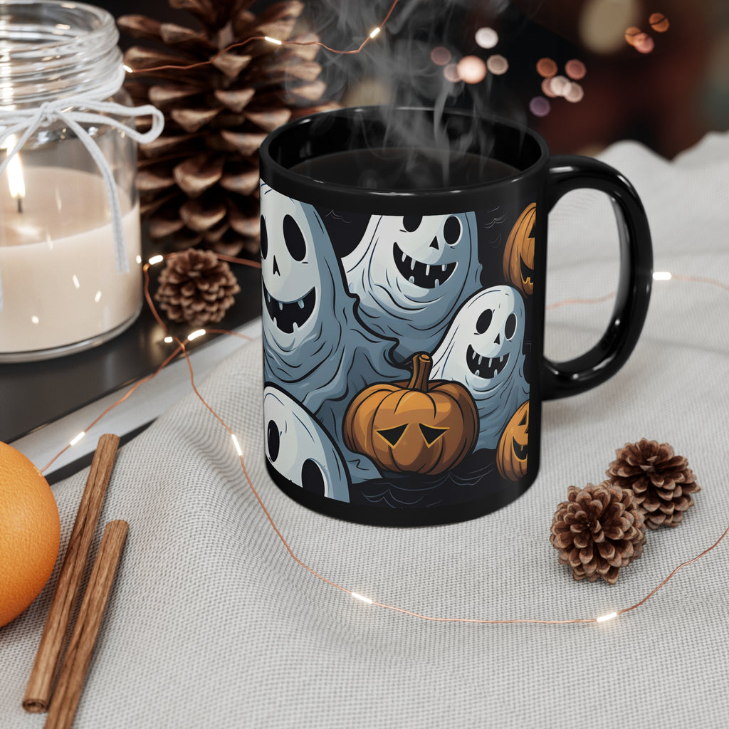 Black Coffee Mug - Ghoulish Ghostbusters and Pumpkins for Halloween, view 4
