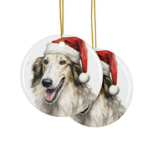 DistinctInk Hanging Ceramic Christmas Tree Ornament with Gold String - Great Gift/Present - 2 3/4 inch Diameter - Borzoi Puppy Drawing Design