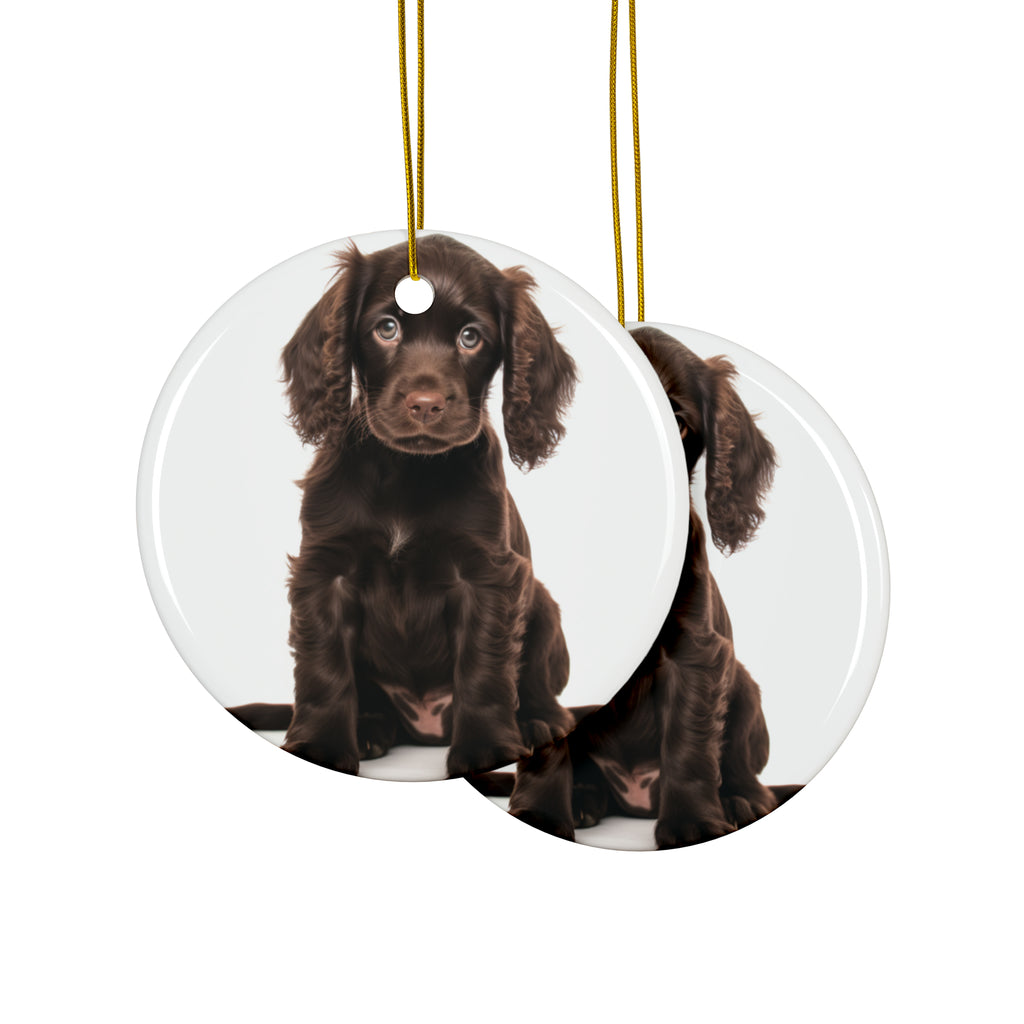 Hanging Ceramic Christmas Tree Ornament with Gold String - Boykin Spaniel Puppy Design, view 2