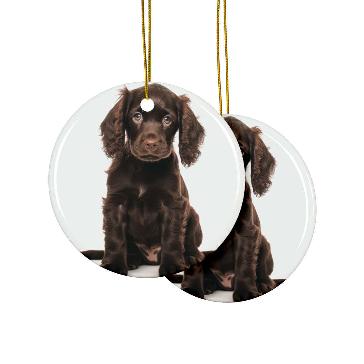 Hanging Ceramic Christmas Tree Ornament with Gold String - Boykin Spaniel Puppy Design, view 2