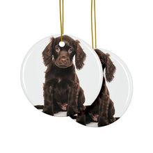 DistinctInk Hanging Ceramic Christmas Tree Ornament with Gold String - Great Gift/Present - 2 3/4 inch Diameter - Boykin Spaniel Puppy Design