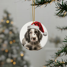 DistinctInk Hanging Ceramic Christmas Tree Ornament with Gold String - Great Gift/Present - 2 3/4 inch Diameter - English Setter Puppy Design