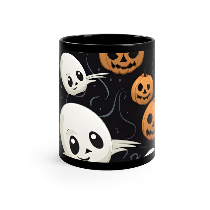 DistinctInk Black Coffee Mug - Ghost Skeleton Pumpkin Pattern for Halloween