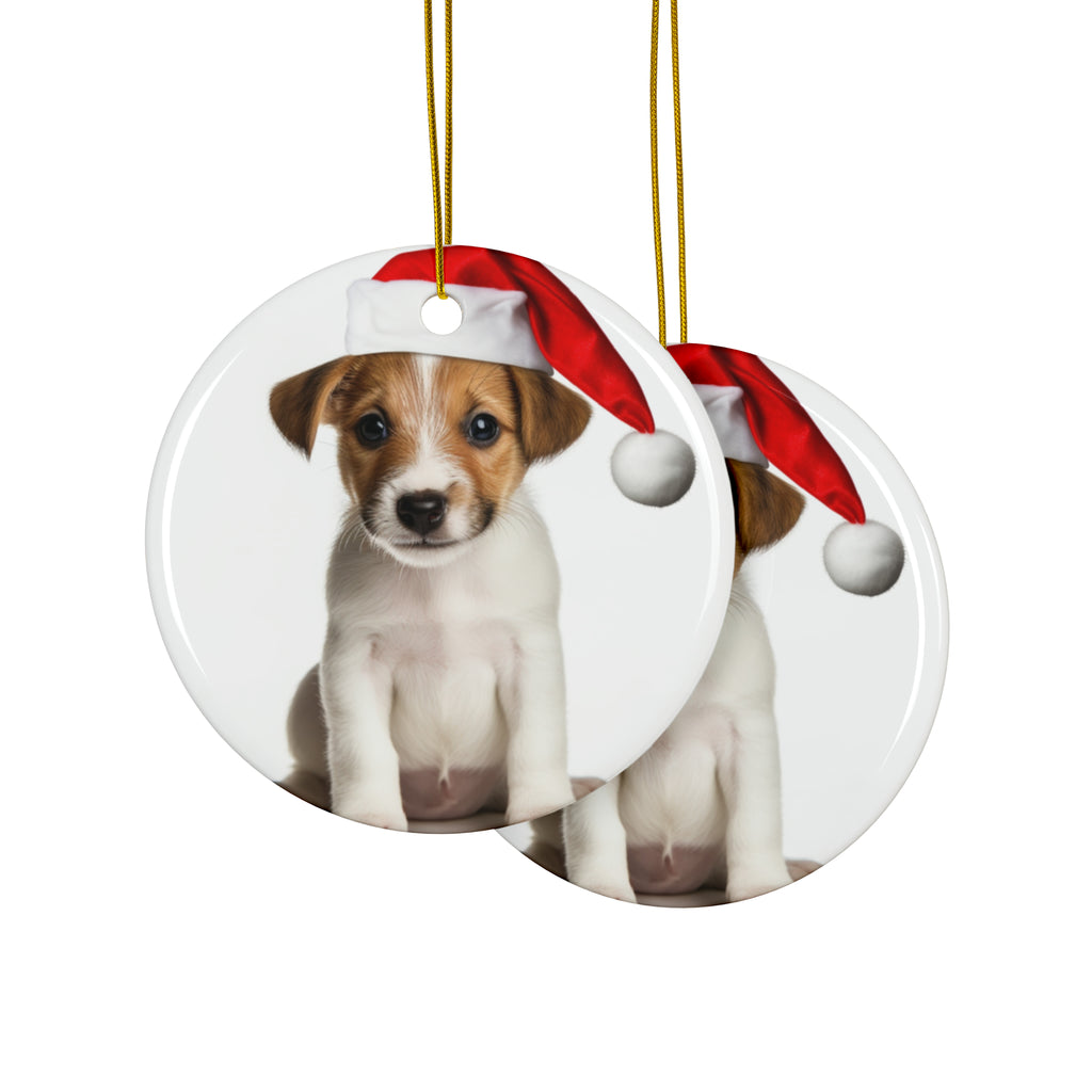Hanging Ceramic Christmas Tree Ornament with Gold String - Parson Russell Terrier Puppy Design, view 2