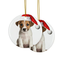 DistinctInk Hanging Ceramic Christmas Tree Ornament with Gold String - Great Gift/Present - 2 3/4 inch Diameter - Parson Russell Terrier Puppy Design