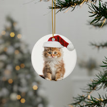 DistinctInk Hanging Ceramic Christmas Tree Ornament with Gold String - Great Gift/Present - 2 3/4 inch Diameter - LaPerm Cat Design