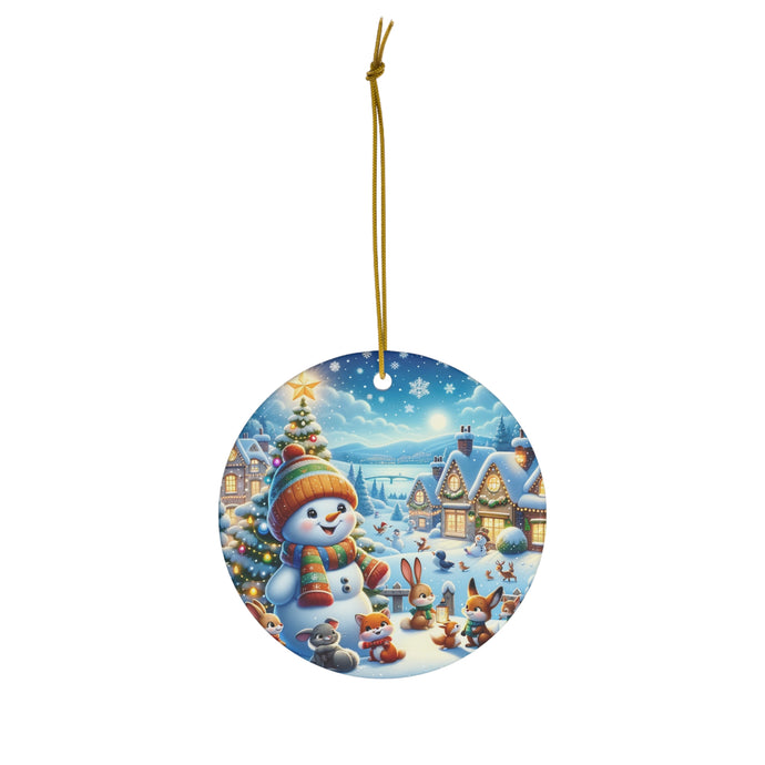 DistinctInk Hanging Ceramic Christmas Tree Ornament Charm with Gold String - Great Gift/Present - 2 3/4 inch Diameter - Snowy Village Holiday Magic