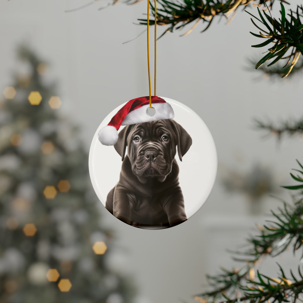 Hanging Ceramic Christmas Tree Ornament with Gold String - Cane Corso Puppy Design, view 3