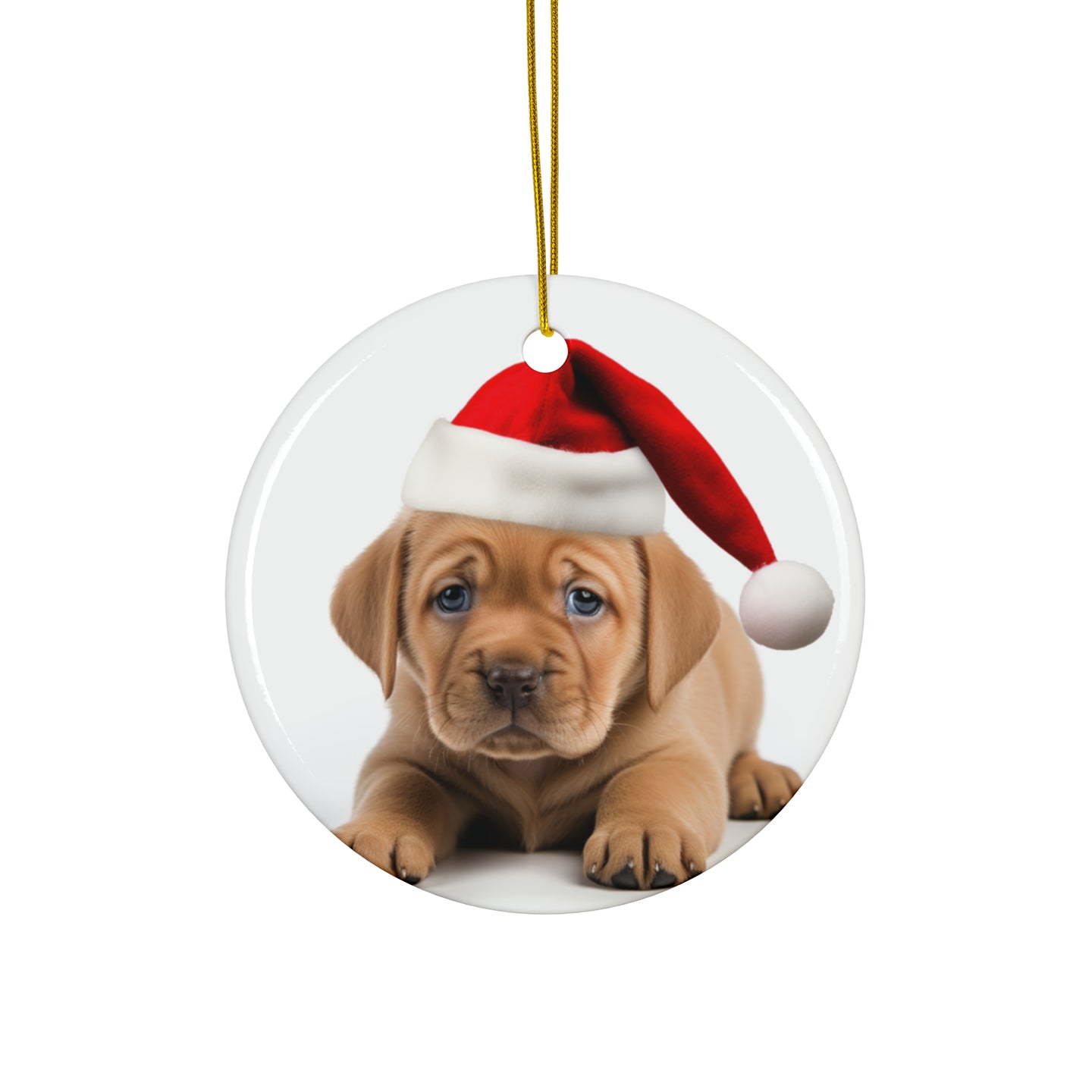 DistinctInk Hanging Ceramic Christmas Tree Ornament with Gold String - Great Gift/Present - 2 3/4 inch Diameter - Pulik Puppy Design