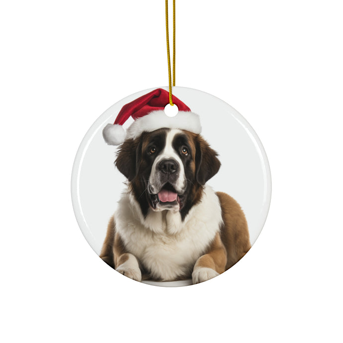 DistinctInk Hanging Ceramic Christmas Tree Ornament with Gold String - Great Gift/Present - 2 3/4 inch Diameter - St. Bernard Design