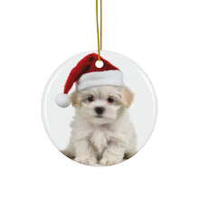 DistinctInk Hanging Ceramic Christmas Tree Ornament with Gold String - Great Gift/Present - 2 3/4 inch Diameter - Maltese Puppy Design