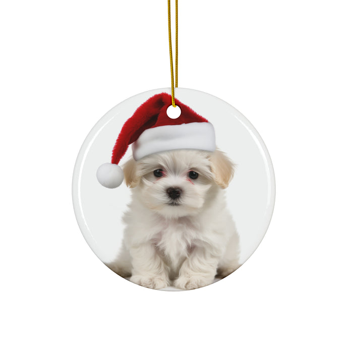 DistinctInk Hanging Ceramic Christmas Tree Ornament with Gold String - Great Gift/Present - 2 3/4 inch Diameter - Maltese Puppy Design