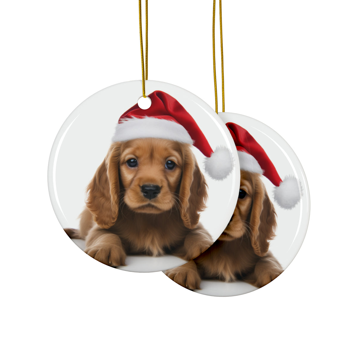 Hanging Ceramic Christmas Tree Ornament with Gold String - Cocker Spaniel Puppy Design, view 2