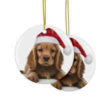 DistinctInk Hanging Ceramic Christmas Tree Ornament with Gold String - Great Gift/Present - 2 3/4 inch Diameter - Cocker Spaniel Puppy Design