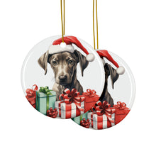 DistinctInk Hanging Ceramic Christmas Tree Ornament with Gold String - Great Gift/Present - 2 3/4 inch Diameter - Azawakh Puppy Drawing Design