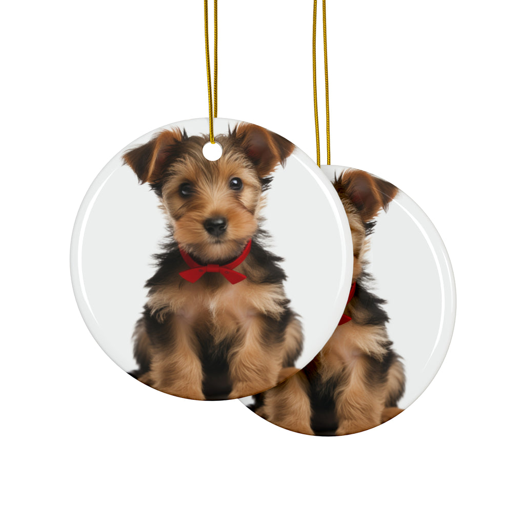 Hanging Ceramic Christmas Tree Ornament with Gold String - Australian Terrier Puppy Design, view 2
