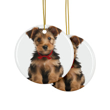 DistinctInk Hanging Ceramic Christmas Tree Ornament with Gold String - Great Gift/Present - 2 3/4 inch Diameter - Australian Terrier Puppy Design