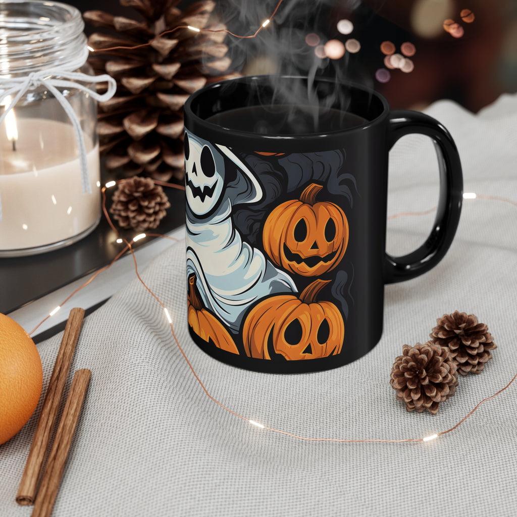 Black Coffee Mug - Spooky Skeletal Pumpkin Patch for Halloween, view 4