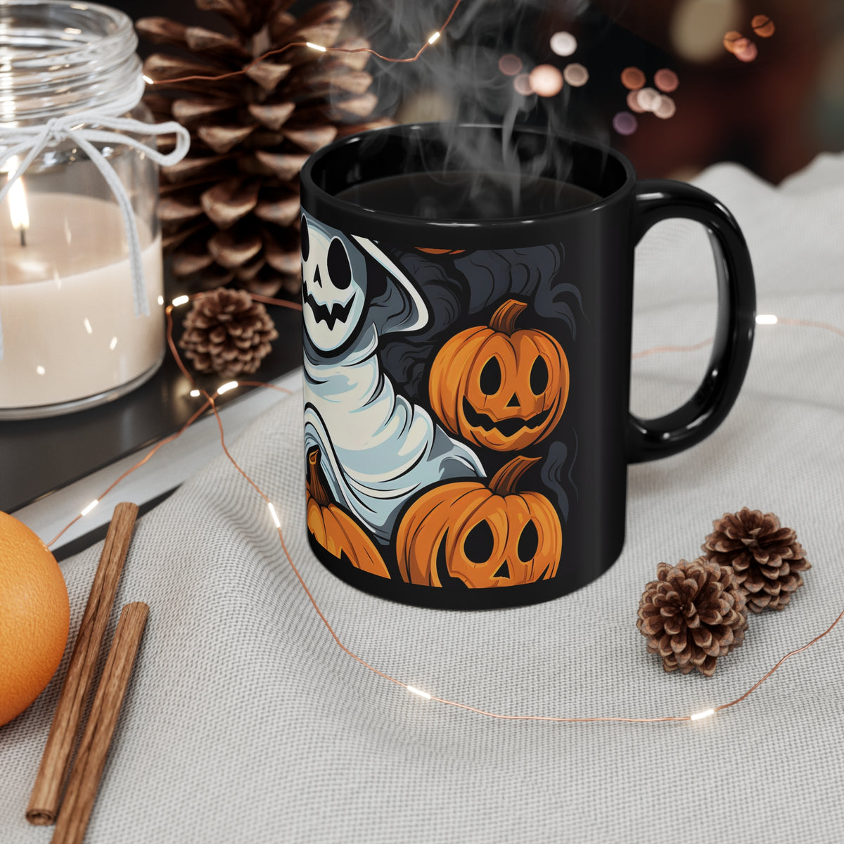 Black Coffee Mug - Spooky Skeletal Pumpkin Patch for Halloween, view 4