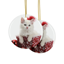 DistinctInk Hanging Ceramic Christmas Tree Ornament with Gold String - Great Gift/Present - 2 3/4 inch Diameter - Turkish Angora Kitten Design