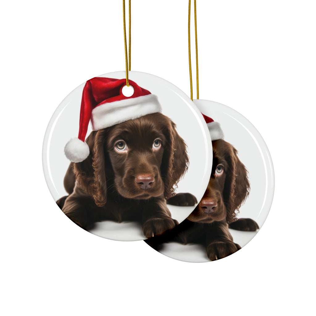 Hanging Ceramic Christmas Tree Ornament with Gold String - Field Spaniel Puppy Design, view 2