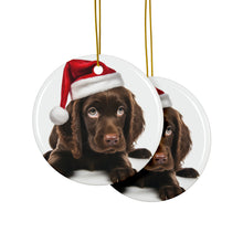 DistinctInk Hanging Ceramic Christmas Tree Ornament with Gold String - Great Gift/Present - 2 3/4 inch Diameter - Field Spaniel Puppy Design