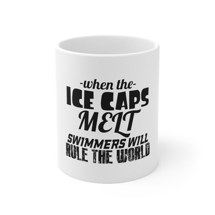 DistinctInk Glossy White Coffee / Tea Mug - When Ice Caps Melt Swimmer Rule the World
