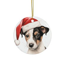 DistinctInk Hanging Ceramic Christmas Tree Ornament with Gold String - Great Gift/Present - 2 3/4 inch Diameter - Smooth Fox Terrier Puppy Drawing Design