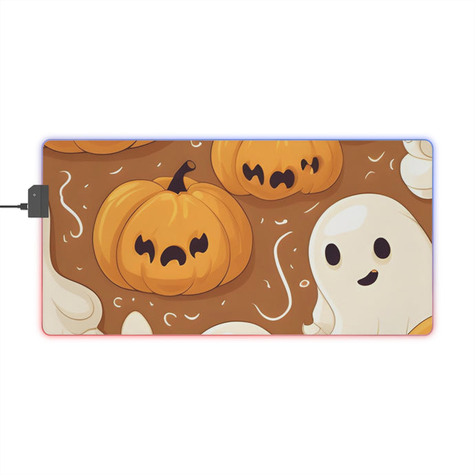 DistinctInk LED Gaming Mouse Pad with Ghastly Skeleton Pumpkin Cartoon Design for Halloween