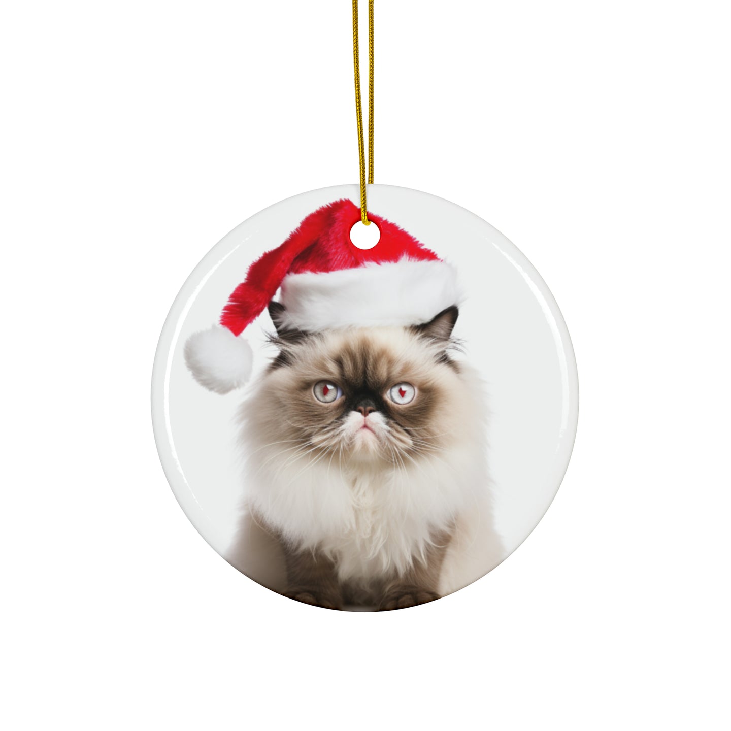 DistinctInk Hanging Ceramic Christmas Tree Ornament with Gold String - Great Gift/Present - 2 3/4 inch Diameter - Himalayan Cat Design