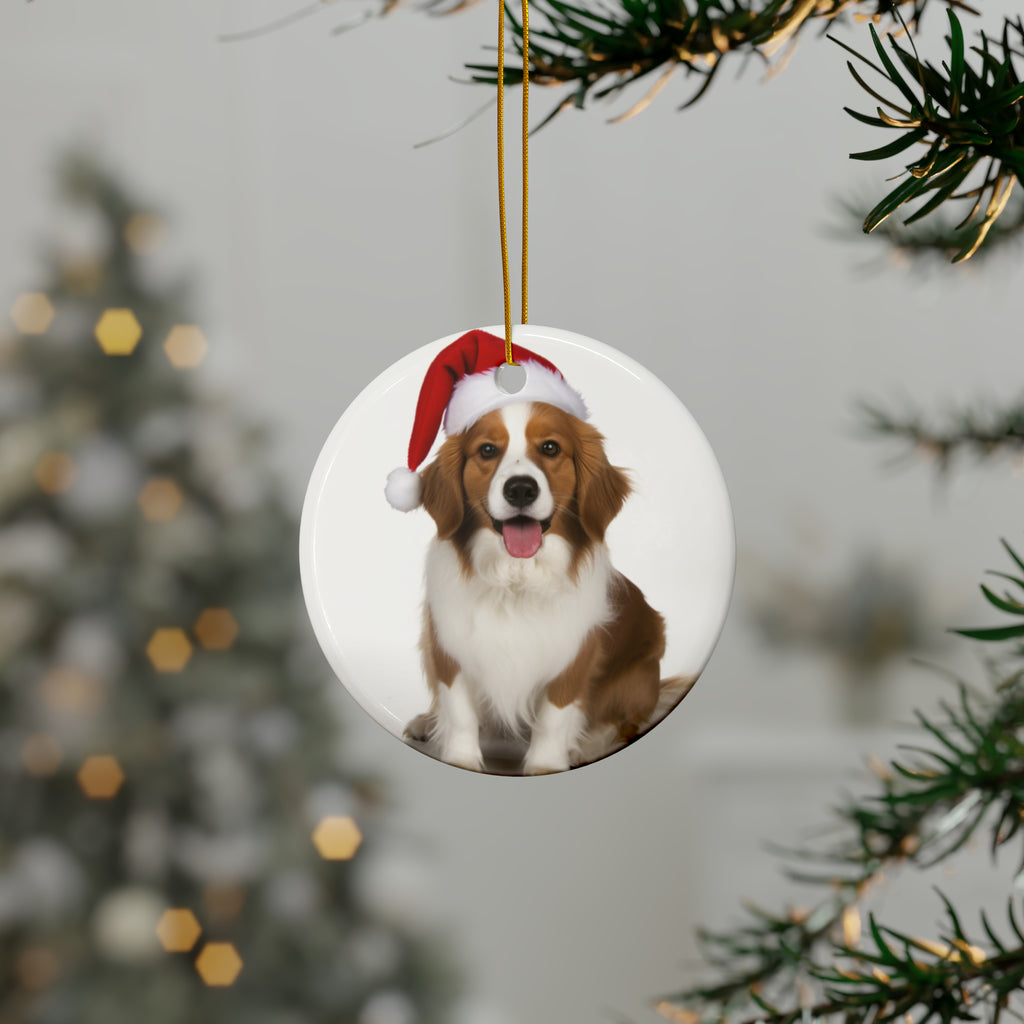Hanging Ceramic Christmas Tree Ornament with Gold String - Nederlandse Kooikerhondje Design, view 3