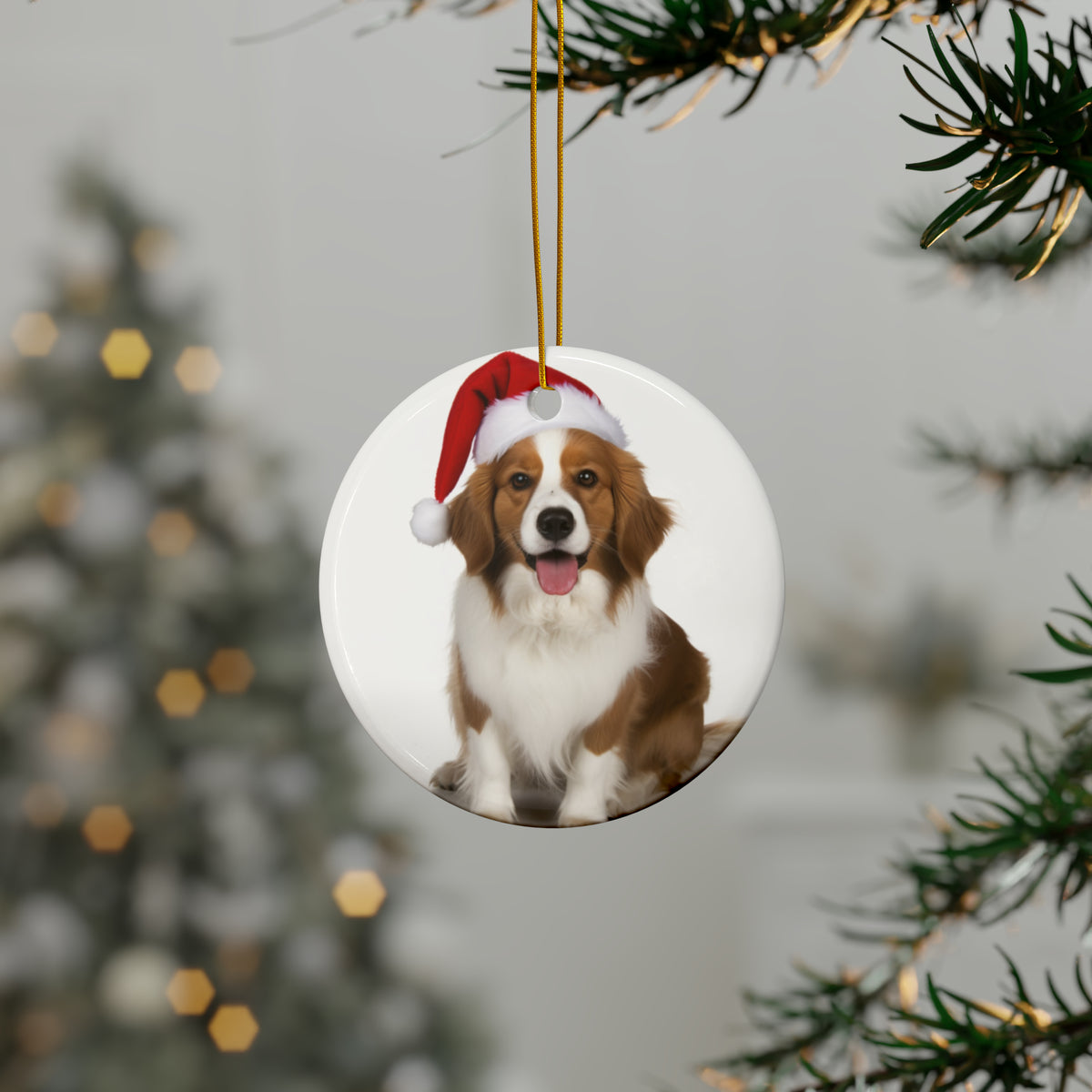 Hanging Ceramic Christmas Tree Ornament with Gold String - Nederlandse Kooikerhondje Design, view 3