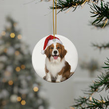 DistinctInk Hanging Ceramic Christmas Tree Ornament with Gold String - Great Gift/Present - 2 3/4 inch Diameter - Nederlandse Kooikerhondje Design