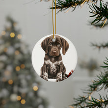 DistinctInk Hanging Ceramic Christmas Tree Ornament with Gold String - Great Gift/Present - 2 3/4 inch Diameter - German Shorthaired Pointer Puppy Drawing Design