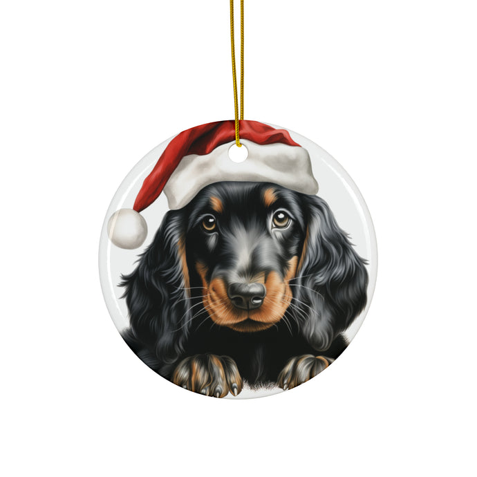 DistinctInk Hanging Ceramic Christmas Tree Ornament with Gold String - Great Gift/Present - 2 3/4 inch Diameter - Gordon Setter Puppy Drawing Design
